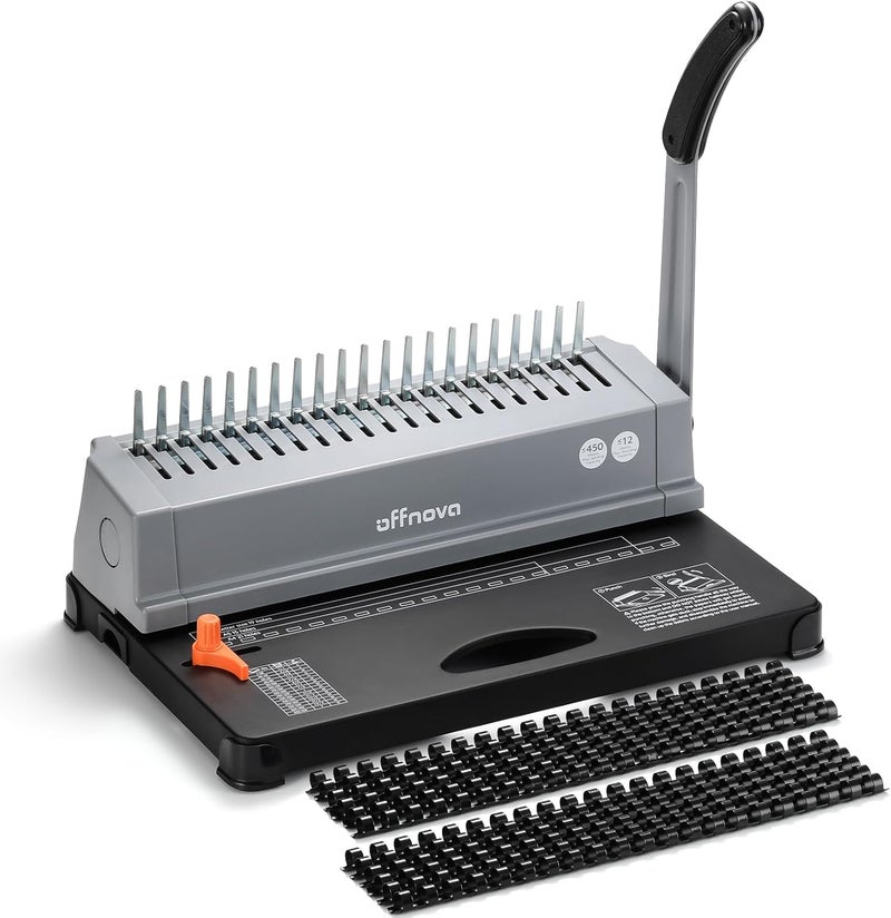 OFFNOVA Binding Machine, 21-Hole 450 Sheets Paper Comb Punch Binder Machine for Letter Size / A4 / A5 Paper, Easy to Punch Handle, Adjustable Margin, Gray - Image 1